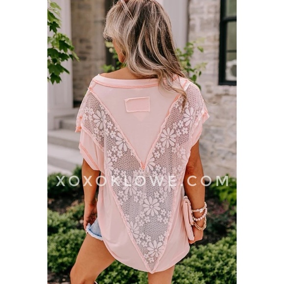POL Pink Peach Rayon Jersey + Floral Lace Short Sleeve Top Oversized - Picture 4 of 16